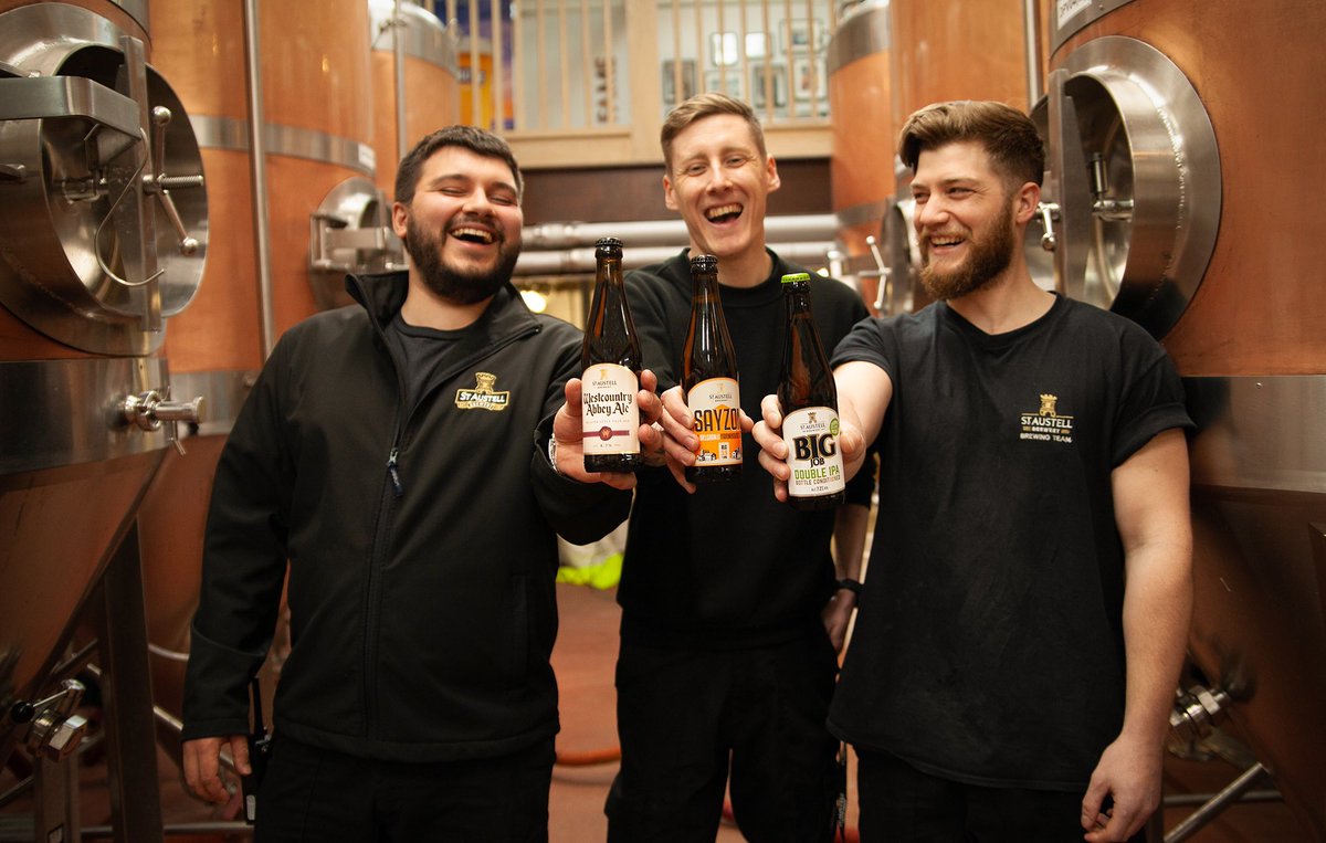 StAustellBrew's tweet photo. Our brewers seem pretty happy with the news that three of our #SmallBatchBrews: Big Job Double IPA, Sayzon and Westcountry Abbey Ale, are now available in @Tesco stores nationwide. https://t.co/f4YIvCfPOW