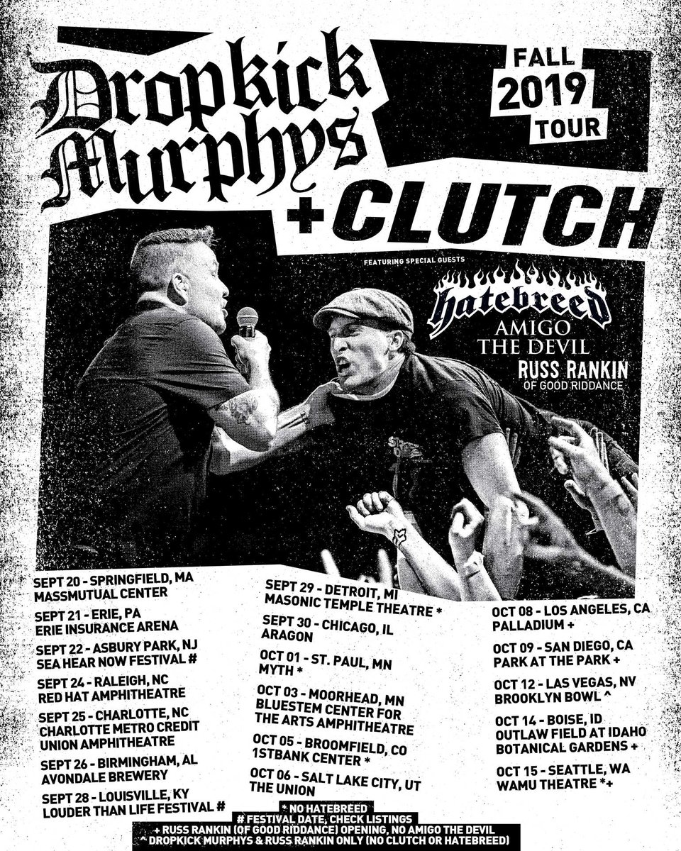 hatebreed's tweet image. Who’s ready to rock this Sept/Oct! @DropkickMurphys @clutchofficial #Hatebreed @AmigoTheDevil @russrankinNJD