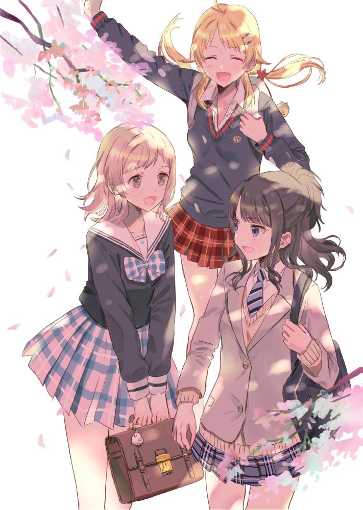 hachimiya meguru ,kazano hiori ,sakuragi mano 3girls multiple girls skirt school uniform plaid skirt plaid blonde hair  illustration images