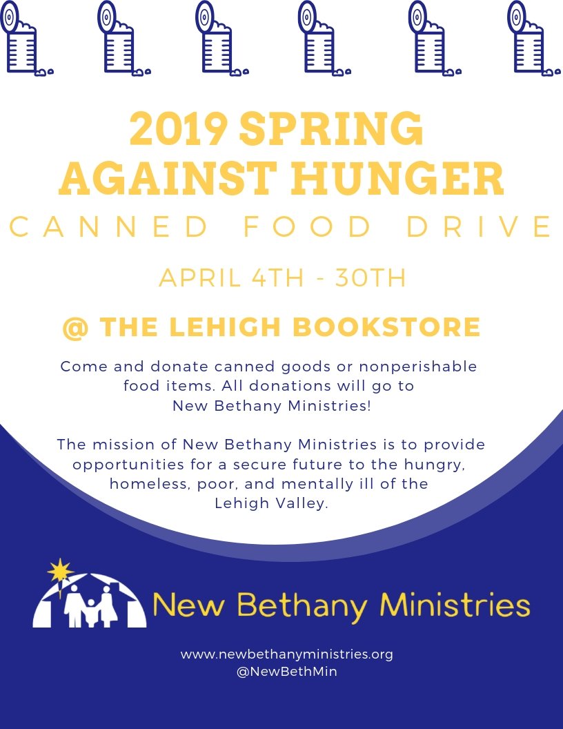 LehighBookstore's tweet photo. We're hosting a food drive at the LU Bookstore for our friends at @NewBethMin! Please consider stopping by with a canned good or two :) https://t.co/s88Dc8jHaw