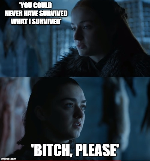 bingeofthrones's tweet photo. #S7E06 #GOT @GameOfThrones 

I've been #TeamArya since day 1, and her #badass credentials, after stints with #Tywin, #TheHound, and in #Braavos, are at an all time high. Tread carefully, #Sansa. 

@Maisie_Williams @SophieT #gameofthronesmemes #forthethrone #season8 @HBO https://t.co/uUUFqSh05B