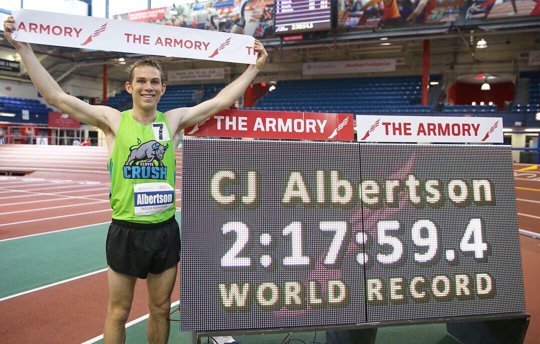 CrossProb's tweet photo. This man ran 211 laps around a 200m track while holding a consistent 5:15 pace.

On Saturday, CJ Albertson broke the indoor marathon World Record by over a minute.

2:17:59! (5:15 pace) https://t.co/qd0jUJp088