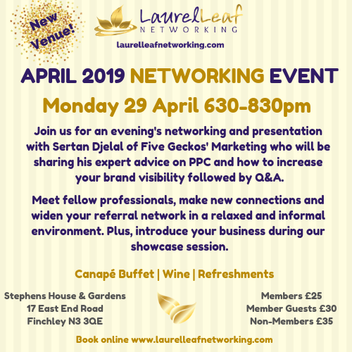 LaurelLeafChat's tweet photo. ππ LAUREL LEAF NETWORKING ~ APRIL 2019 NETWORKING EVENT ππ
Join us on Mon 29 April at @stephenshouse for our evening Networking Event π https://t.co/1cf9NDuUSF #professionals #northlondonnetworking #northlondonnetworkingevents #mumpreneurs #soletraders #trades https://t.co/jE9zMEdVry