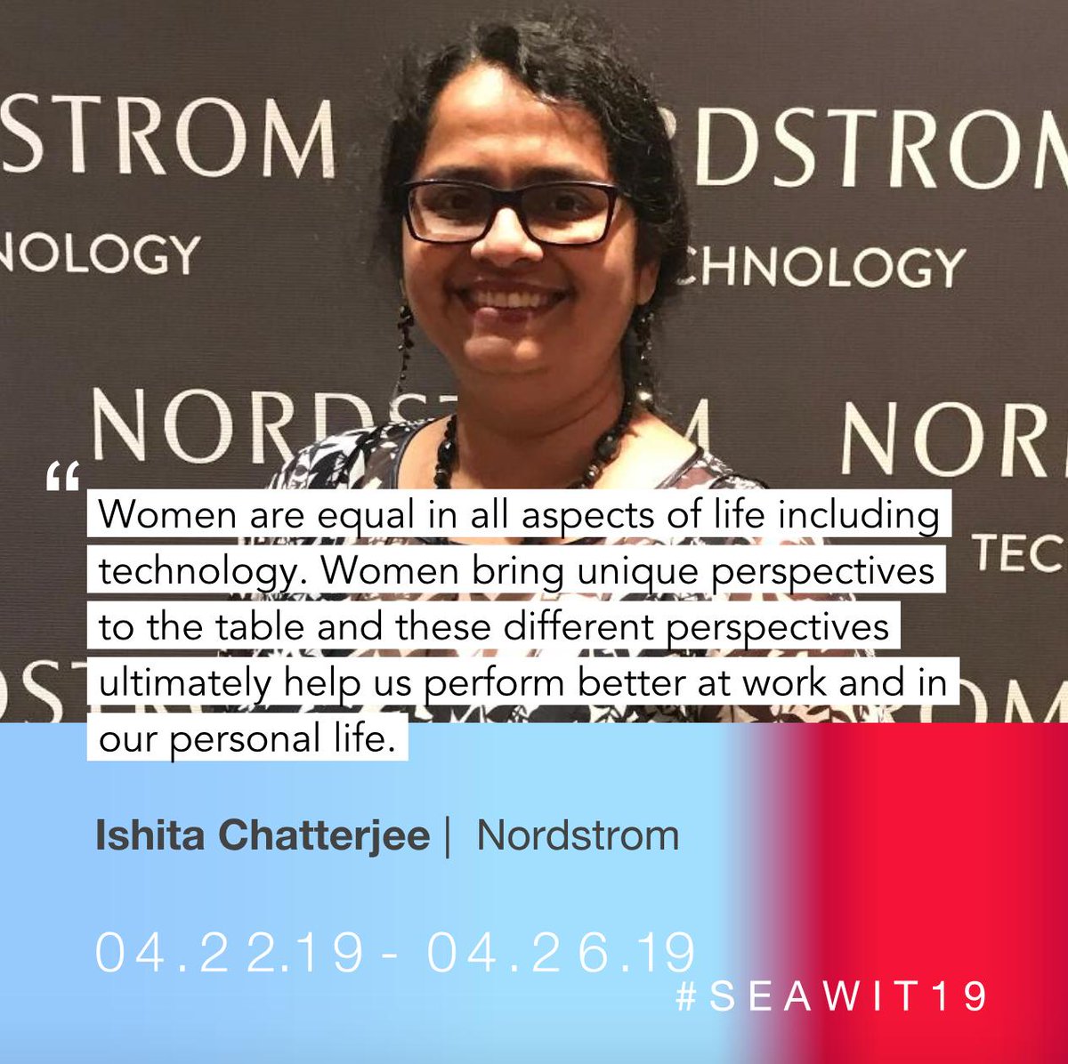 witregatta's tweet image. Join Ishita Chatterjee, director of #engineering @Nordstrom, during our panel, &quot;Who Runs The (Fashion) World? Women in Tech! - Featuring #NordstromTechnology&quot; at #SEAWIT19! Learn more about panelists here: bit.ly/seawitspeakers.
