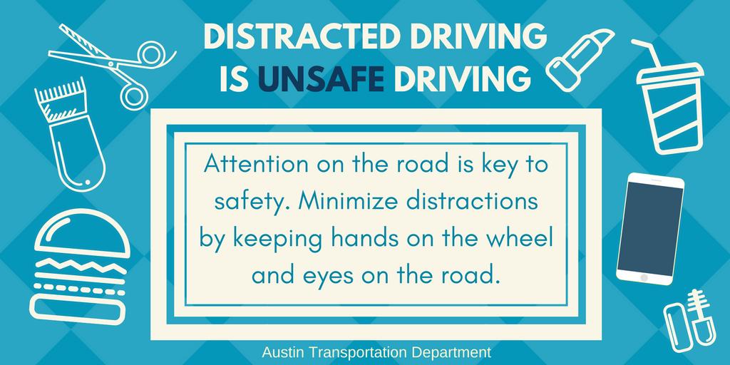 austinmobility's tweet photo. Avoid eating, grooming or using your phone while driving. Distracted driving is deadly driving. Stay safe, stay focused. Learn more at https://t.co/3gpYMqjgYx. #DistractedDrivingAwarenessWeek #VisionZero https://t.co/UXM2vMVung