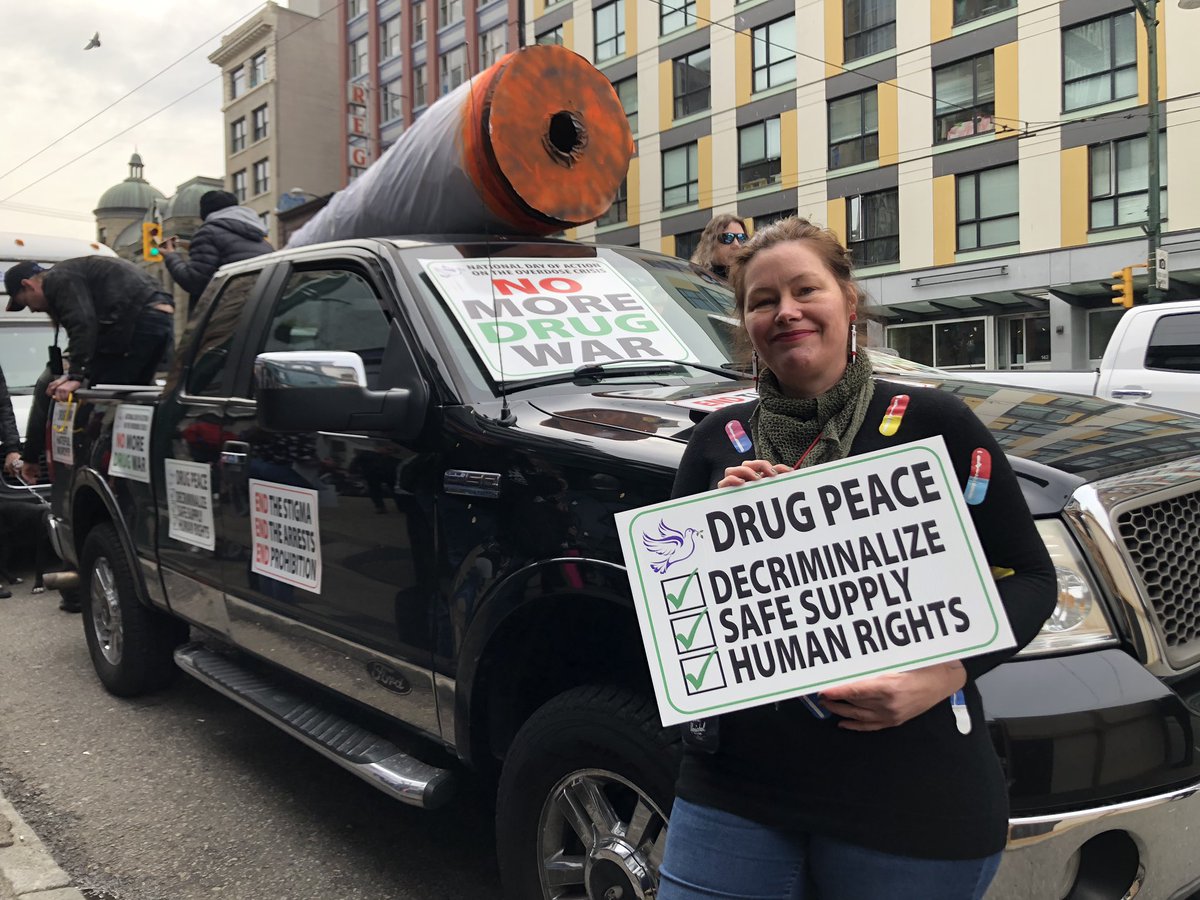 And here’s <a href="/sarahblyth/">Sarah Blyth - Gerszak</a> in her pill shirt outside <a href="/InsiteVan/">Insiteful Vancouver</a> for the day of action