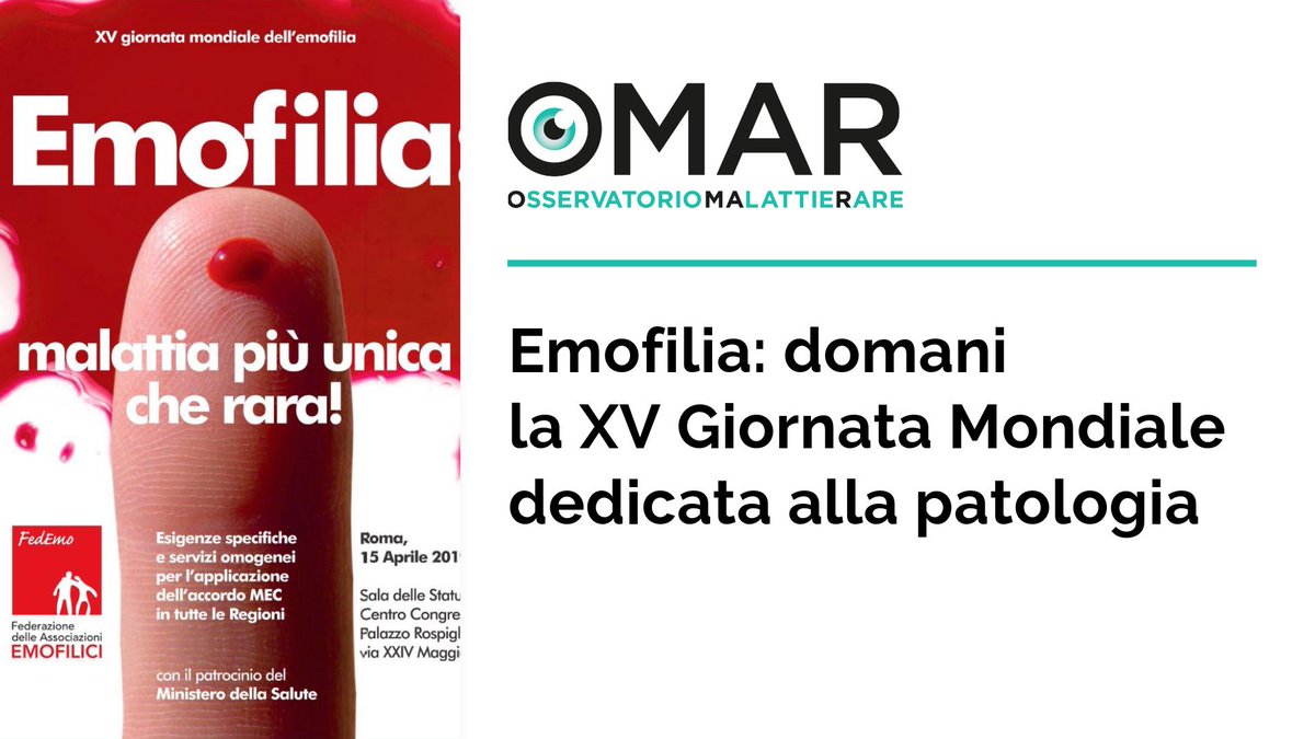 OssMalattieRare's tweet photo. “Emofilia: malattia più unica che rara!” La parola d’ordine ribadita da #FedEmo in occasione della XV Giornata Mondiale dell’#Emofilia.

Circa 5.000 i pazienti in Italia: migliora l’aspettativa di vita ma molta strada rimane da fare.
#WorldHemophiliaDay

👉🏻https://t.co/9kHFcFYjXT https://t.co/G2ZPg74tSH