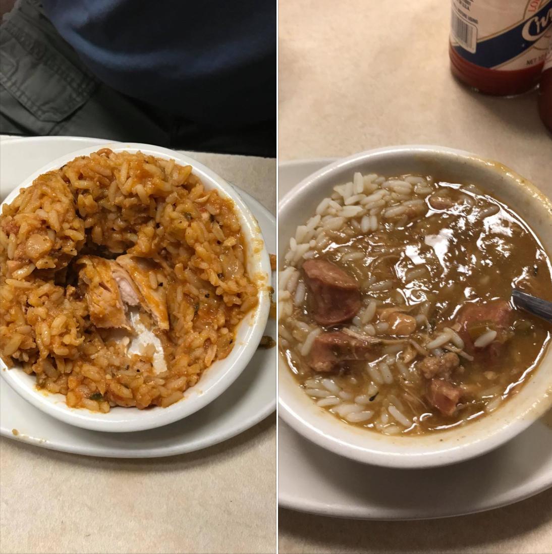 MothersNOLA's tweet photo. What's the difference between jambalaya (left) and gumbo? Jambalaya is chicken and sausage cooked in seasoned rice, whereas gumbo is a soup served with a scoop of rice.  It can contain chicken and sausage, or seafood. | 📸  Sally S.S. /Facebook #mothersrestaurant #closedEaster https://t.co/cSFT2KTSsU