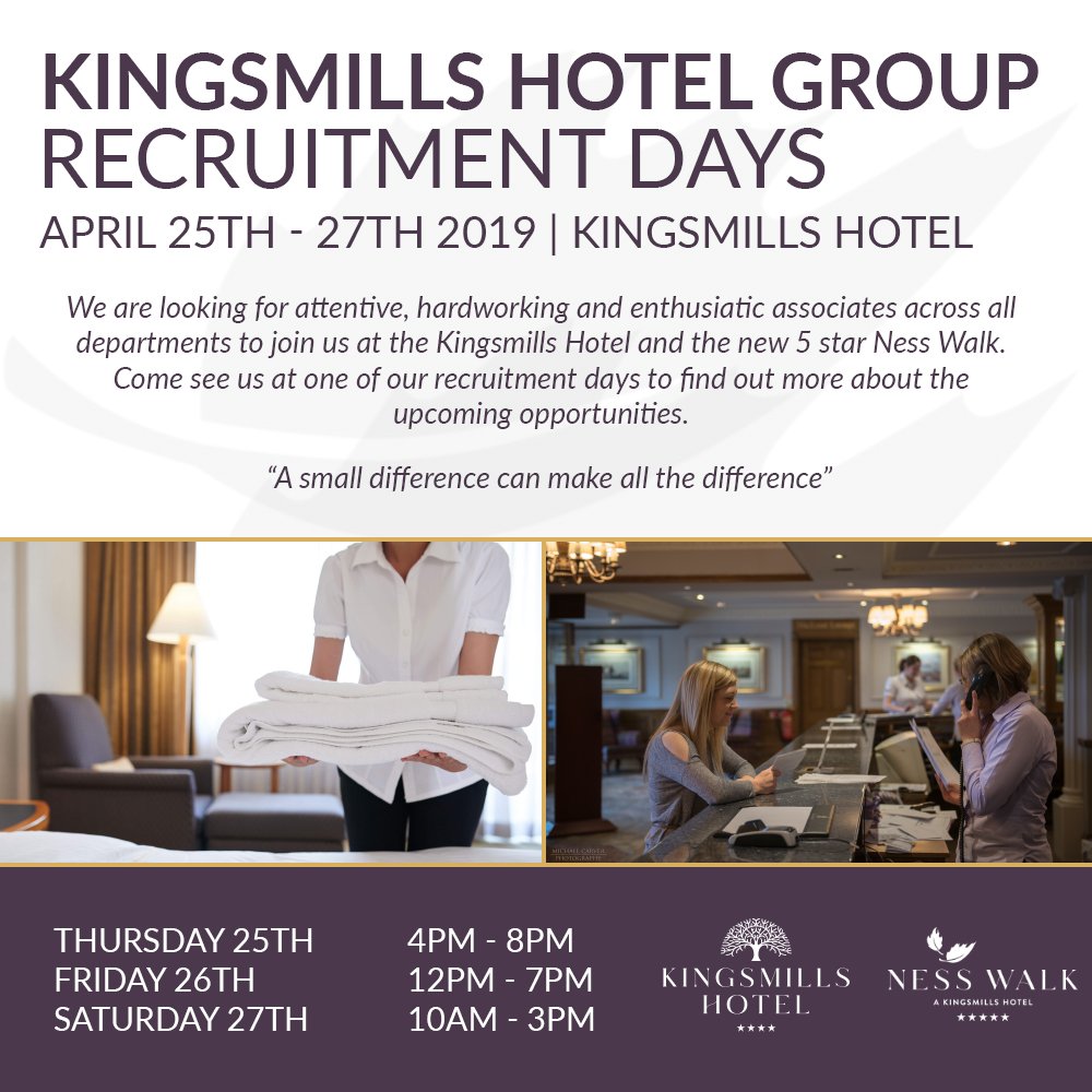 kingsmillshotel's tweet photo. Looking for your next challenge or perhaps a new one? Have a keen eye for hospitality and customer service? 

Come visit us at the Kingsmills Hotel later this month and learn about the opportunities available to join the team at the Kingsmills Hotel and the new 5 star Ness Walk. https://t.co/sCdU5QdNOt