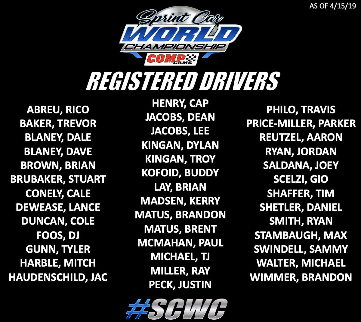 RaceMansfield's tweet photo. Early Driver Registration has now closed! Here is a current list of drivers registered for the 2019 @COMPCams @TheSCWC! Registration officially closes May 28th - NO EXCEPTIONS. Tickets on sale now at https://t.co/X2TQ2sggug  #TheSCWC https://t.co/UoxIR8n6pe