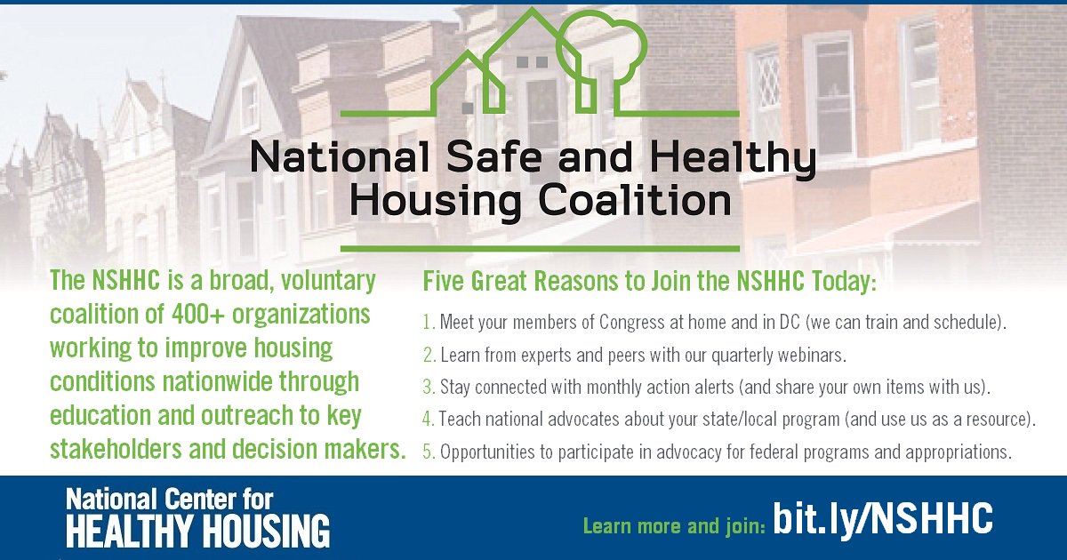 NCHH's tweet photo. A7c As members of the National Safe & Healthy Housing Coalition, we network with 600+ #healthyhousing advocates nationally. The #NSHHC influences & effects policy change. Join us! https://t.co/cRFsCgPuvA #SaludTues https://t.co/S1RdPMGJyY