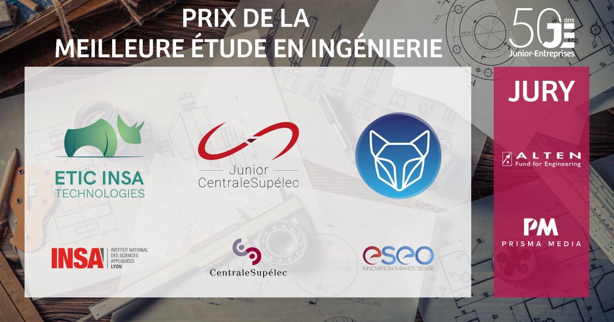 cnje's tweet photo. FINALISTES - PRIX DE LA MEILLEURE ÉTUDE EN INGÉNIERIE 🏆
Les #JuniorEntreprises qui se sont démarquées sont @etic_insa, @JCS_JE et @SEIO_JE !
Merci au jury composé d'@Alten_Recrute et @PrismaMedia.
Rendez-vous au #CNE19 pour découvrir le vainqueur du prix https://t.co/WdMBL3nAKM