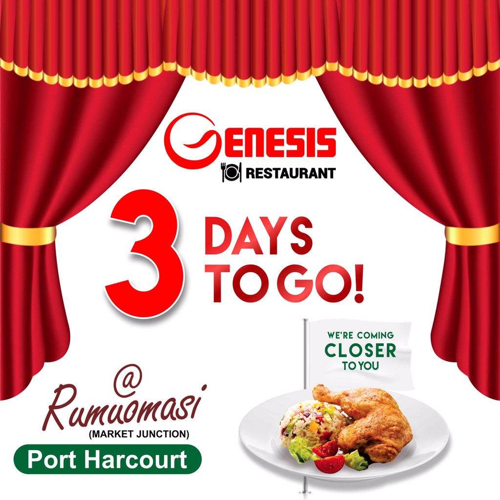 GenesisQSR's tweet photo. BACK TO BACK!!!🎊🎊🎊 WE JUST CAN’T HOLD IT ANYMORE🎊 WE ARE OPENING ANOTHER OUTLET IN PORTHACOURT @ MARKET JUNCTION RUMUOMASI 🎊IN 3 DAYS🎊🎊🎉🎉
#genesisrestaurant #portharcourt #openingsoon #porthacourtblog #phcity #portharcourtevents https://t.co/Reaq2OB26e