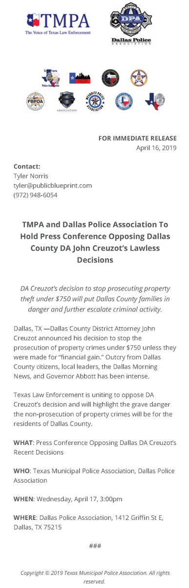 TMPALegislative's tweet photo. PRESS CONFERENCE TOMORROW IN DALLAS: TMPA, alongside Dallas Police Association FOP 716 and other local associations, will be holding a press conference regarding Dallas County DA John Creuzot's recent decisions. For more information, see the release below.
#creuzot #dallasDA https://t.co/yMznBPu9Fx