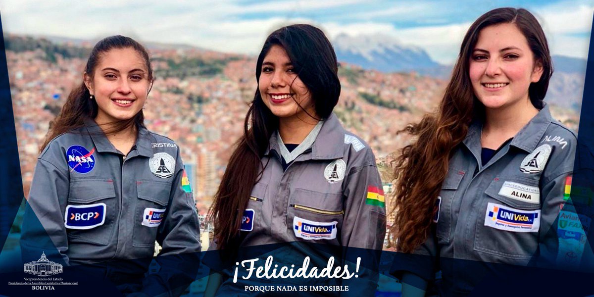 VPEP_Bol's tweet photo. 🚀 La Vicepresidencia felicita a las bolivianas Cristina Santander, Valeria Burgoa y Alina Santander por recibir el primer premio internacional🏆, Rover Challenge 2019, otorgado por la @RoverChallenge en Alabama (EE. UU.) ✨🇧🇴
#BoliviaAlEspacio
#BoliviaForNASA
#RoverTeamBolivia https://t.co/hAwTCZaGdr