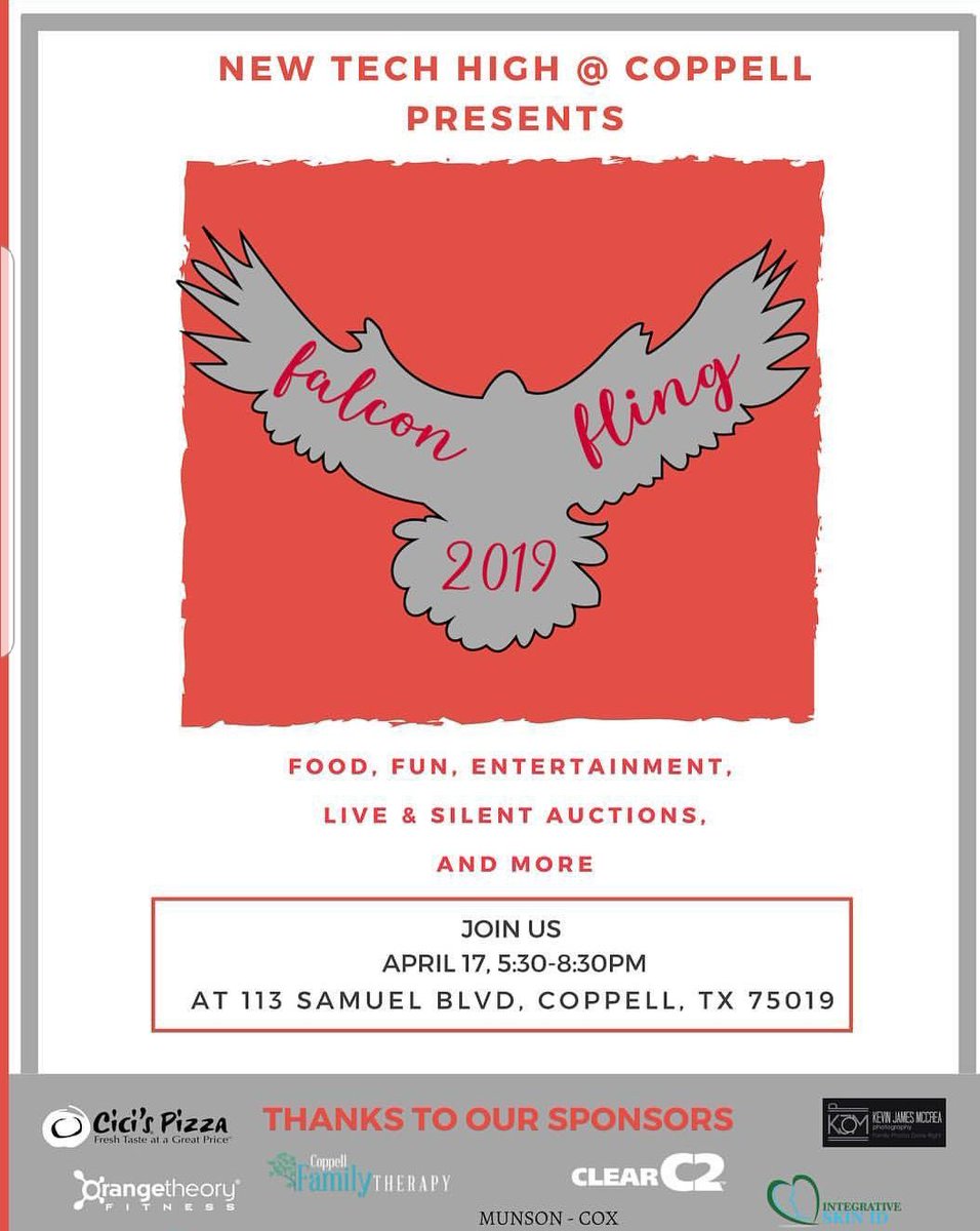 SaucierSchool's tweet photo. Come out tomorrow, bring friends and family and support @NewTechCoppell at the Falcon Fling! Food, games, auction, and more. @llc_newtech @NTHC_DECA @CoppellCTE #CISDCOVERSTORY #nthcempower #NTHCVoice #CISDOurStory https://t.co/gVR5pG5tFc