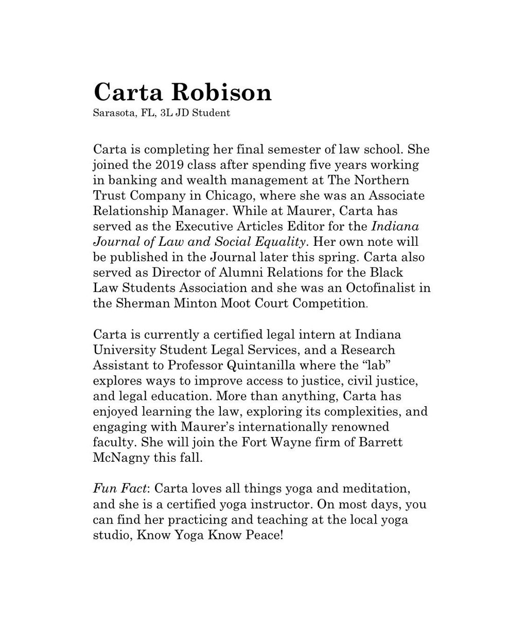 AustenParrish's tweet photo. Student Spotlight: meet 3L Carta Robison, one of our fabulous graduating students. Carta has worked with IJLSE, BLSA, SLS and more, and she is off to work at Barrett McNagny in the fall. When not studying, Carta is an instructor at the local yoga studio, Know Yoga Know Peace! https://t.co/zUqR0x5EcR