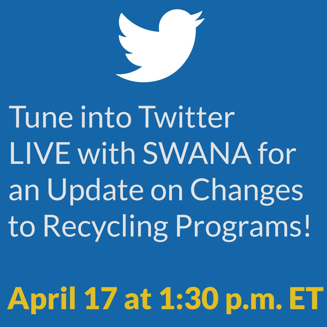 SWANA's tweet image. We want to hear from you! Tune in tomorrow at 1:30 pm ET as we go live on Twitter to discuss updates in #recyclingprograms! Bring any questions you have!
