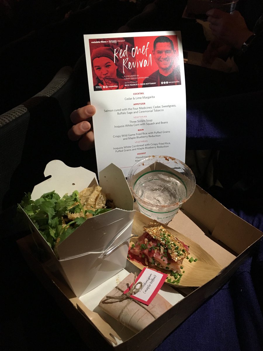 NourishLead's tweet photo. ⁦👏🏼👏🏽👏🏾👏🏿 ⁦@gwichintribal⁩ and ⁦@wawataycatering⁩’s beautiful meal for the #RedChefRevival premiere #eatablefilms ⁦@hotdocs⁩  w/ ⁦@hayleylapalme⁩ https://t.co/eEPo1gM4KQ
