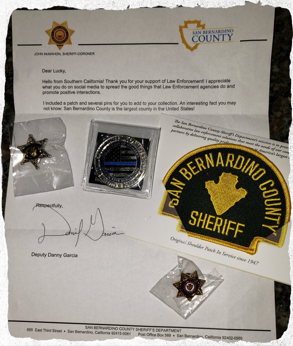 lucky_deviant's tweet photo. @SBCSDdgarcia
THANK YOU SO MUCH FOR MY PATCH, COIN & PINS!
I appreciate the letter as well advising San Bernardino County is the largest county in the U.S.!
Thank you for all you do, STAY SAFE!
#LivePD #LivePDNation
@OfficialLivePD
#CALove #gladtohelp
#patchlove #HappyPrincess https://t.co/s8yFOlxNZI