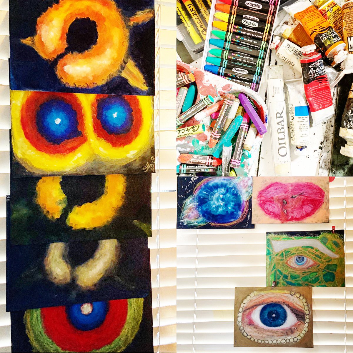 #saraesquivel  #artstudio #outsiderartist #chicanoartist #oilpaint #fingerpainting #blackhole #neutronstar #eye #artisttools #boiseidaho