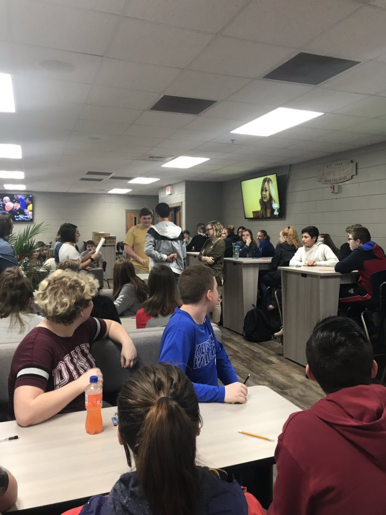 RCHSLibrary's tweet photo. In honor of Teen Literature Day, Kristina from @russellcolib joined forces with your Laker Library for some fun competitions and book talks with freshman English classes. Thank you to Mrs. Sneed and Mrs. Milburn for allowing your students to participate! #TLD2019 https://t.co/dUiKz6Jorb