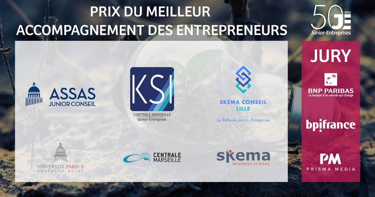 KSIecm's tweet image. C&apos;est un honneur d&apos;être finaliste de ce prix aux côtés de @AJCAssas et de @SConseilLille ! Merci au jury @BNPParibas, @Bpifrance et @PrismaMedia ainsi qu&apos;à la @cnje pour l&apos;organisation de ce prix qui valorise l&apos;engagement auprès du monde entrepreneurial. RDV au #CNE19📌

#WeAreJE