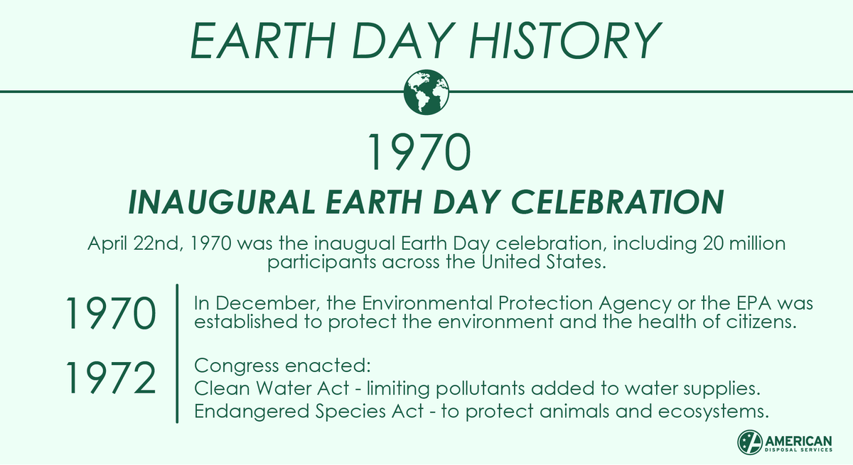 AmDisposal's tweet photo. #EarthDay was first celebrated April 22, 1970. Thanks to the 20 million participants across the U.S., #EarthDay pushed the government to create the @EPA which helps tackle environmental issues! https://t.co/K6aZwAehbk