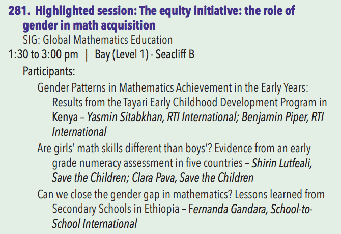 CIESGlobalMath's tweet photo. Two SIG sessions coming up at 1:30 pm today with key players from @RTI_Intl, @SCActionNetwork, and @SFSU with @LindaMPlatas and others at #cies2019. Come learn about gender equity in math ed and effects of early numeracy! #Ed4Sustainability #CIESGlobalMath2019 https://t.co/Lv5Xoz4YJn