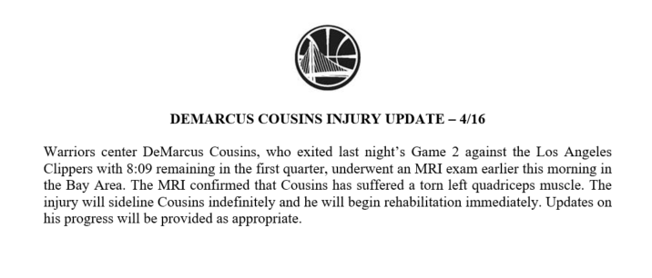 Warriors like DeMarcus Cousins' progress with injury