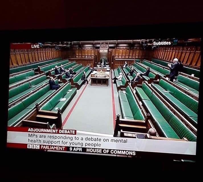 JacksonRParsons's tweet photo. Retweet: The amount of MP’s that sat in the house of commons to debate mental health support for young people...think the photo says it all. 😔 https://t.co/A4G2jhtTco