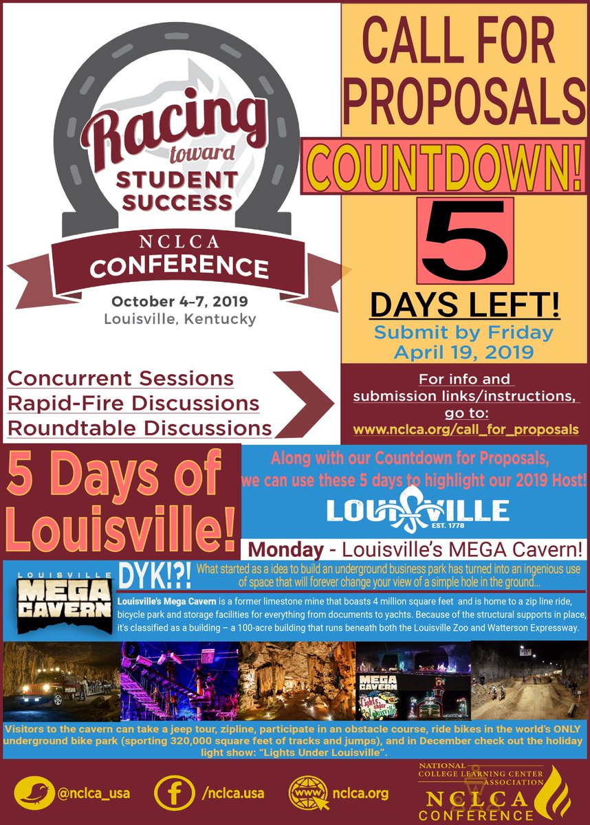Did you catch our Monday Call for Proposals Countdown, featuring day 1 of 5 Days of <a href="/gotolouisville/">Louisville Tourism</a>? We can't wait for <a href="/NCLCA_USA/">NCLCA</a> 2019 Mega-Conference and the opportunity to explore <a href="/LouMegaCavern/">MEGA Cavern</a> nclca.org/conference Stay tuned for Tues edition - coming out soon!