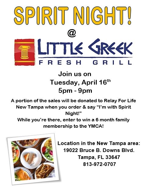 RelayNewTampa's tweet photo. Last spirit night for our New Tampa Relay for Life 2019 at Little Greek New Tampa TONIGHT! Don’t Forget to say that you’re with Relay. Fundraising doesn’t get much tastier than that! @WhartonWildcats @TheFHSPatriots https://t.co/5oUd0x23N8