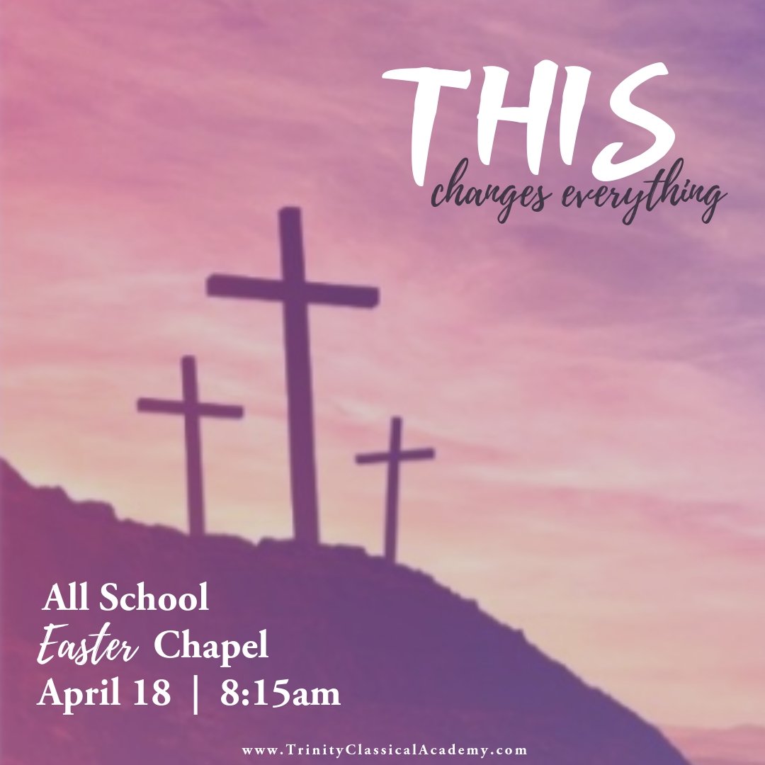 TrinityCCA's tweet photo. Join us on Thursday at 8:15AM in the Courtyard as we gather together as a school to remember the life, death, and resurrection of our Lord and Savior, Jesus Christ! See you then!

#TrinityClassicalAcademy
#SpiritualLife
#HeIsRisen https://t.co/xZSTPgqz13