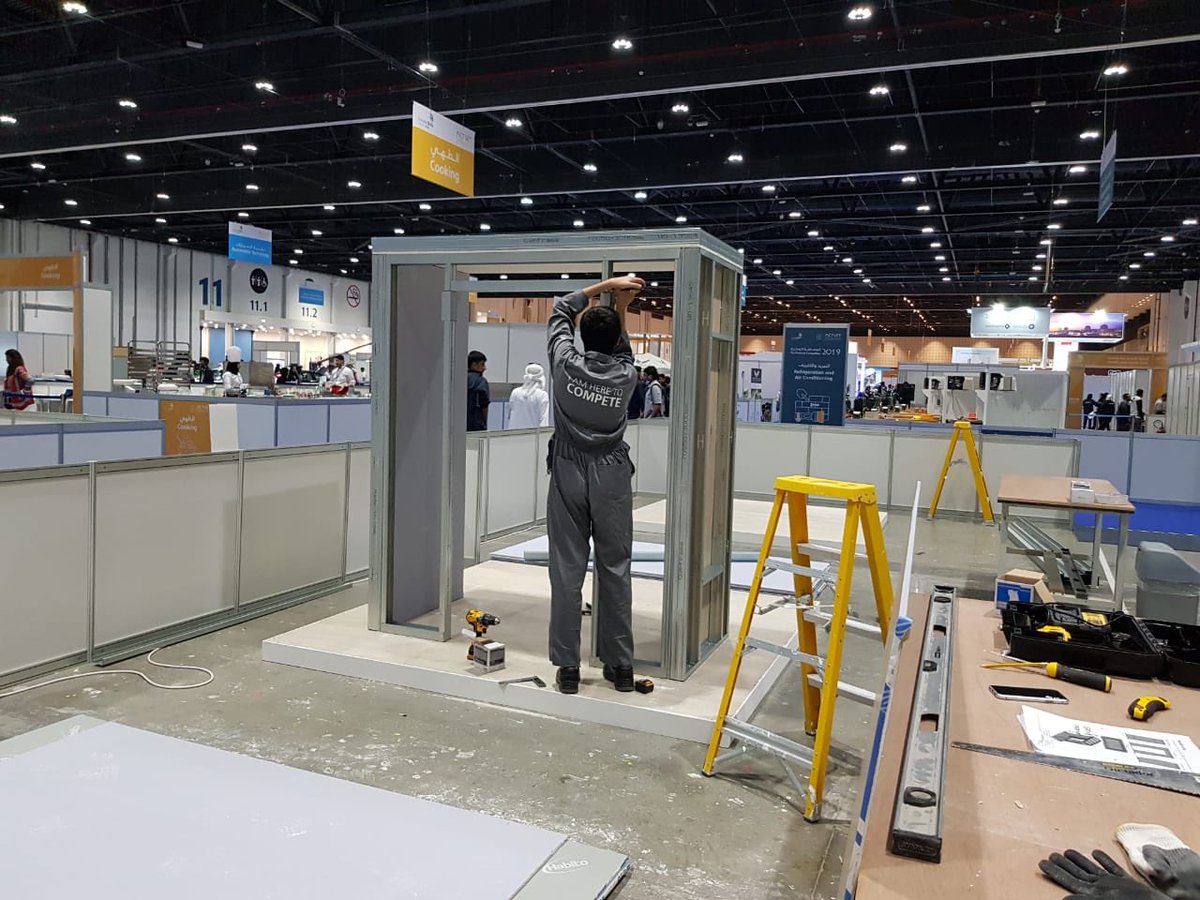 condon_gary's tweet photo. The competitors @EmiratesSkills have completed day two and the structural build of the @GyprocME test project. Tomorrow is the final day for taping &amp; jointing &amp; Plastering. #skillschangelives https://t.co/JpnOxKC3ME