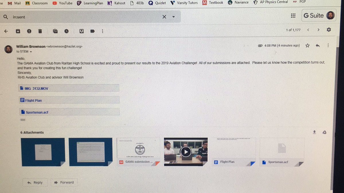 BrownsonPhysics's tweet photo. It’s a little anticlimactic to submit our final competition submission through email, but still worth celebrating!!!  The Aviation club did a great job and got a really high score!!  Can’t wait for the results 😁 https://t.co/2GdIauMkBS