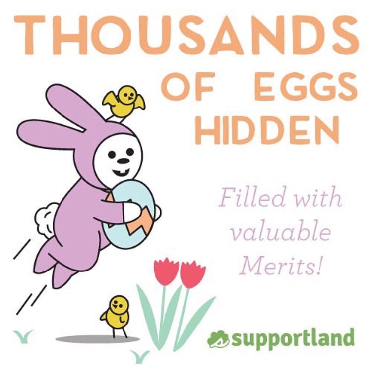 supportland's tweet image. 🐰Egg hunt starts today! Find “eggs” worth 10-75 Merits when you transact at any participating business now thru Saturday! ❤️💙💜💚