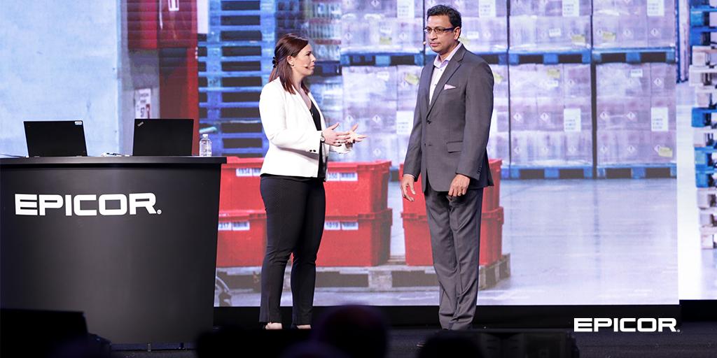 Epicor's tweet photo. Rachel Clayton demonstrates Prophet 21 #EpicorEVA capability for #distribution at #EpicorInsights19 with @himanshupalsule https://t.co/gzAsov9isA