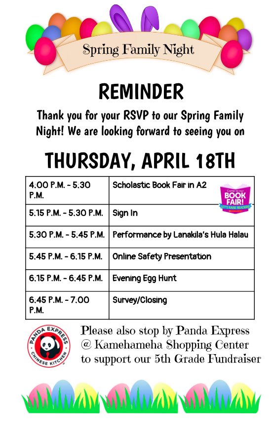 LanakilaES's tweet photo. Please join us for our Spring Family Night on Thursday, April 18th! It’s going to be “egg-tastic!” https://t.co/Lzk1zCM5dZ