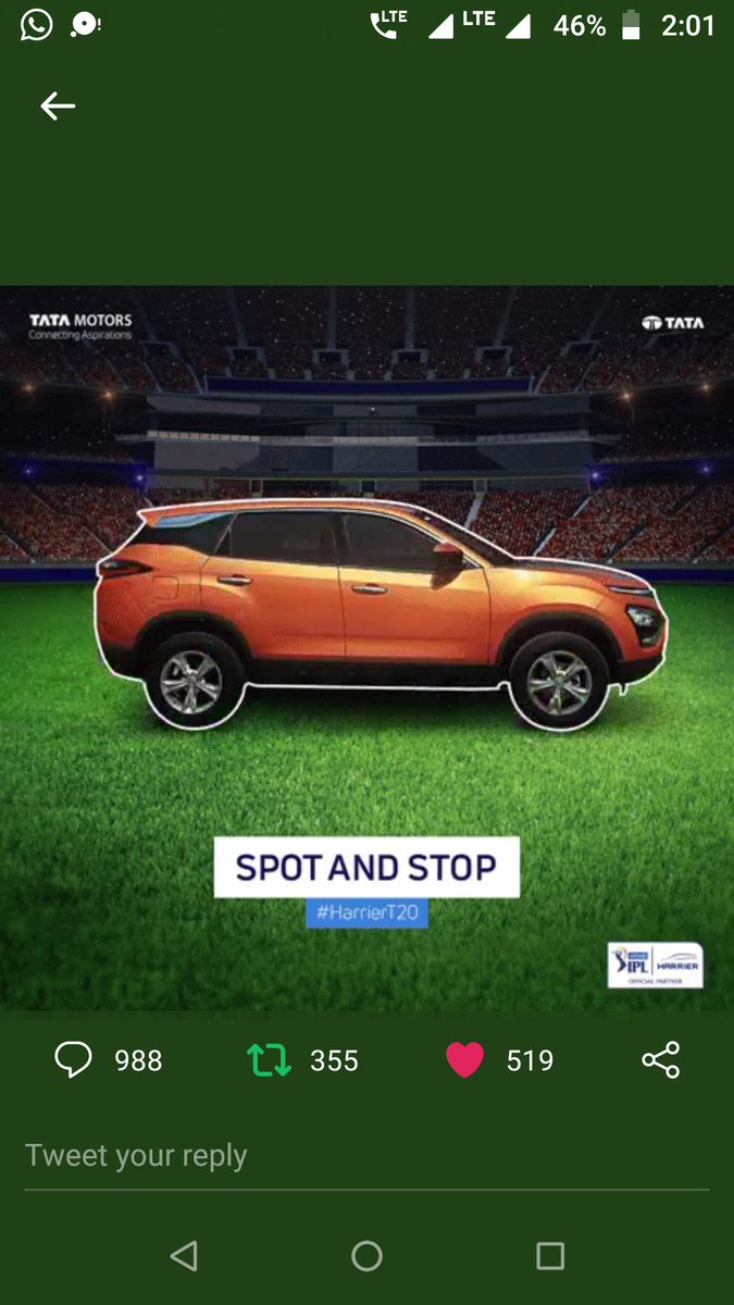 ryansush's tweet photo. @TataMotors the perfect screenshot of the parked Tata Harrier. 
#HarrierT20 #AboveAll  @TataMotors
#hyderabad
Join 
@gr8kamal @Sahilkh10363206 @sudharaj143 https://t.co/zEYB94h9pc
