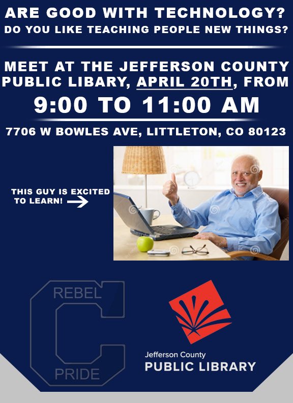 Join #ColumbineHighSchool  #ComputerArtsAndSciences  Teens Teaching Tech THIS Sat, 9-11 at ⁦⁦⁦<a href="/cojeffcolibrary/">Jefferson County Public Library</a>⁩ ! All ?s welcome ⁦<a href="/ColumbineRNN/">Columbine RNN</a>⁩ ⁦<a href="/hansensclasses/">Hansens Classes</a>⁩ ⁦⁦⁦<a href="/Rebel_Athletics/">Columbine Athletics</a>⁩ ⁦<a href="/JeffcoSchoolsCo/">Jeffco Public Schools</a>⁩ ⁦⁦<a href="/jeffcoedtech/">Jeffco Ed Tech</a>⁩