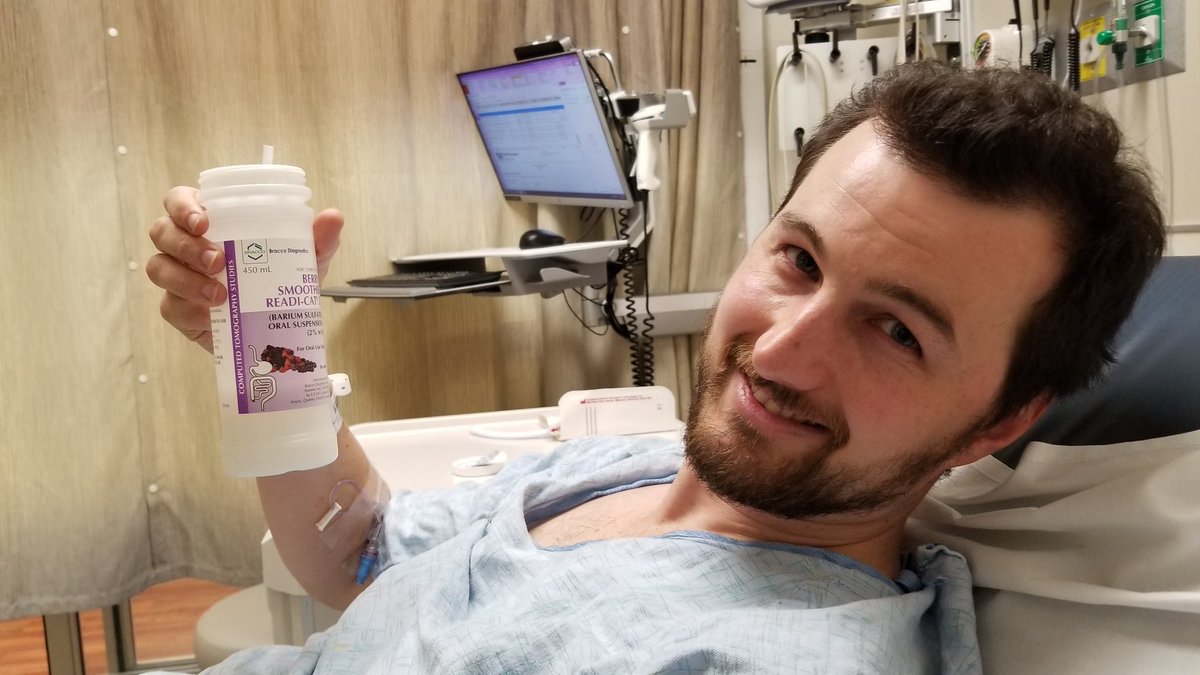 LoCoEM27's tweet photo. When your #radiology resident husband ends up as a patient and drinks Barium contrast prior to CT 😋🤣... oh the irony #patientdoctor #TuesdayThoughts https://t.co/H74snBKsXq