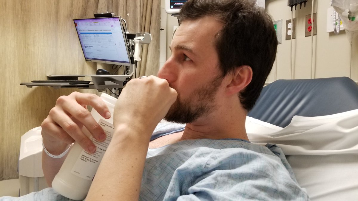 LoCoEM27's tweet photo. When your #radiology resident husband ends up as a patient and drinks Barium contrast prior to CT 😋🤣... oh the irony #patientdoctor #TuesdayThoughts https://t.co/H74snBKsXq