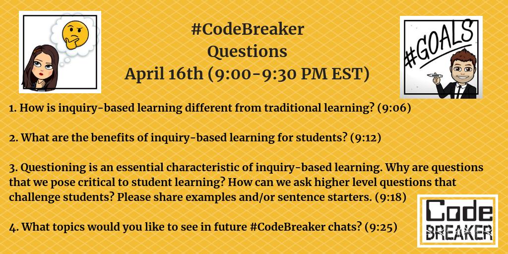 codebreakeredu's tweet photo. Ready to discuss inquiry-based learning?

Join us for #CodeBreaker tonight from 9:00-9:30 PM EST!

Hope to see you there! #BlockBreaker @mraspinall @dailystem @ArcherJoe @MonicaBega https://t.co/QC4A3OFLkP