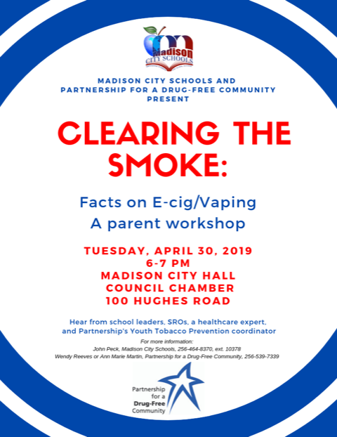 Parents, students &amp; others don't want to miss this. A free public workshop designed to "Clear the Smoke" on e-cigs and vaping. It's a harmful trend that is highly addictive and easy to hide. Tuesday, April 30, Madison City Hall, 6-7 p.m. tinyurl.com/y594vzjr  #mcslearn