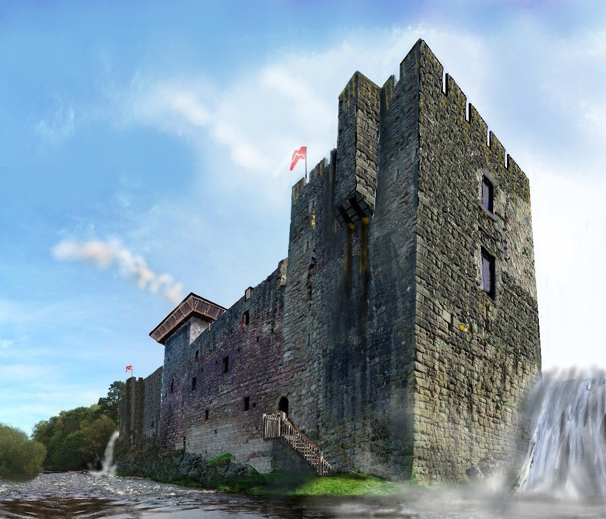 Hailes Castle, East Lothian (Scotland) old print showing position of box  machicolation protecting Postern on Tyne river side and reconstruction  suggestion. A Hepburn stronghold visited by Mary Queen of Scots.  #HailesCastle #ClanHepburn, image size:1200x1028