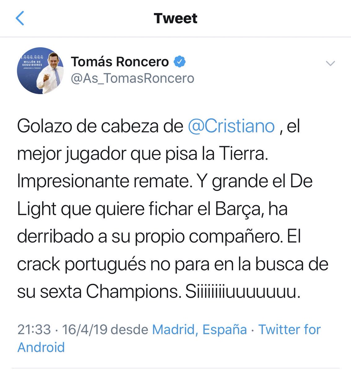 ElChirincirco's tweet photo. La Juve de Cristiano ha sido eliminada por el Ajax con gol de De Light. https://t.co/zNEVE2SEW6