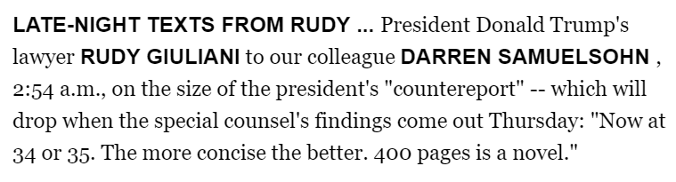 JuddLegum's tweet photo. Rudy Giuliani says he has prepared a 35 page counter-report to Mueller which will be released on Thursday
How could Giuliani do this if he doesn't already know what's in the report
Seems like he's been briefed while the American people have been kept in the dark https://t.co/B3YbynZRfX