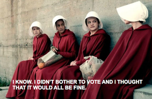 HandmaidAlberta's tweet photo. Vote people! Because someone's life (a kid in a GSA, a victim of the opioid crisis, etc.) literally depends on it. #Ableg #Abpoli #Abvote #abelection #albertaelection https://t.co/j0ahK88Xkb
