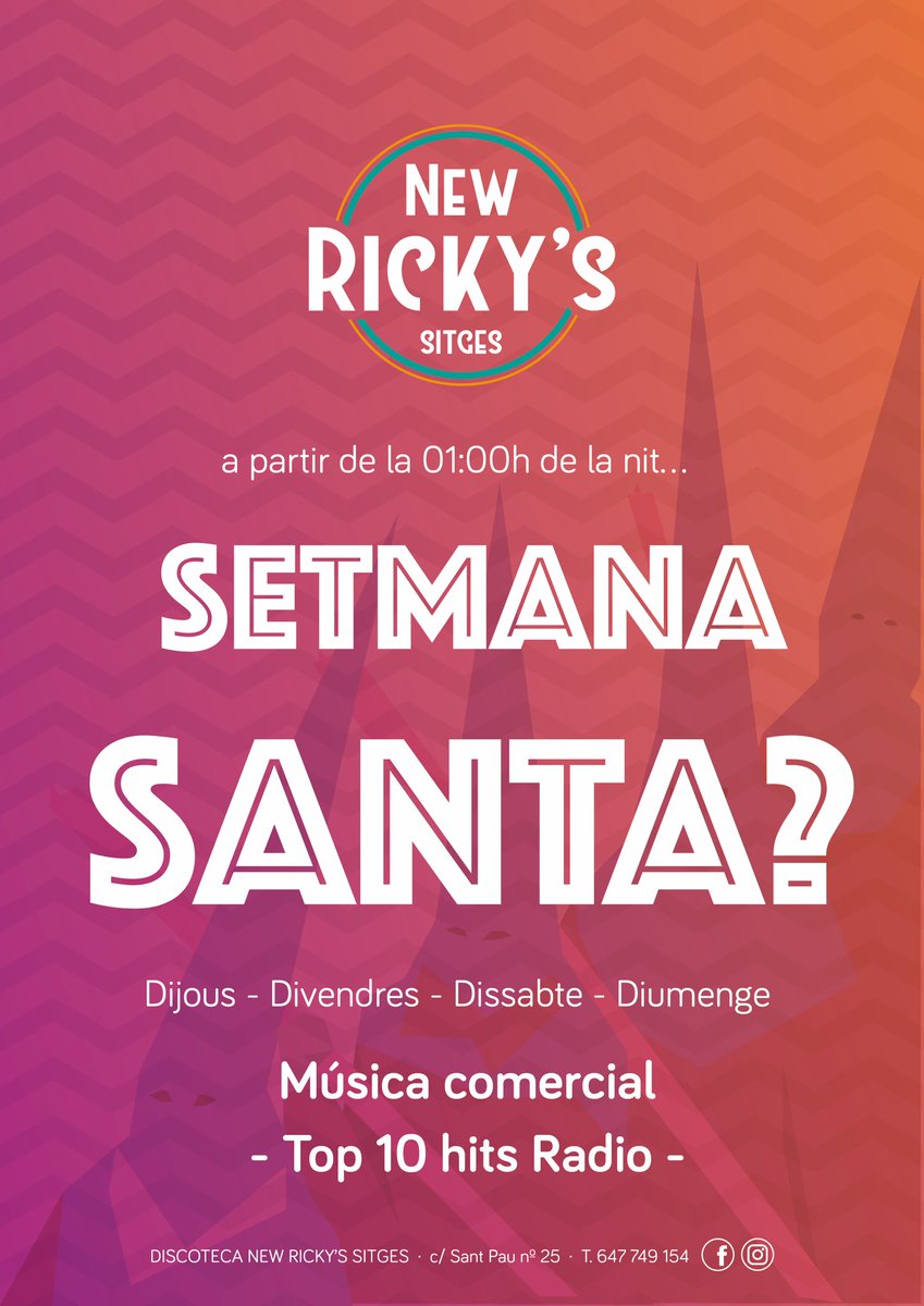 SETMANA SANTA?

Os ofrecenos un poker de días para disfrutar de New Ricky’s:

Dijous, divendres, dissabte i diumenge 🤪🤪🤪. Pots triar dia, fer doblet, hattrick o... 😱😱😱.

Cada noche a partir de la 01:00h. Música comercial (top 10 hits Radio).

🕯🕯🕯#Newrickys #sitges #Fiest